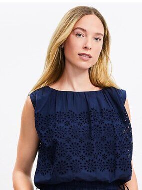 LOFT Navy Eyelet Tie-Hem Sleeveless Blouse